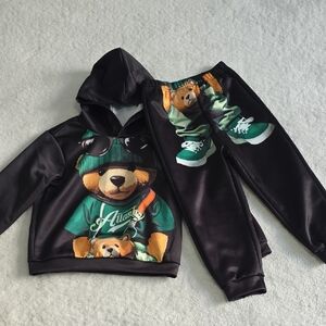 Black Hoodie and Pants Set with Bear Design